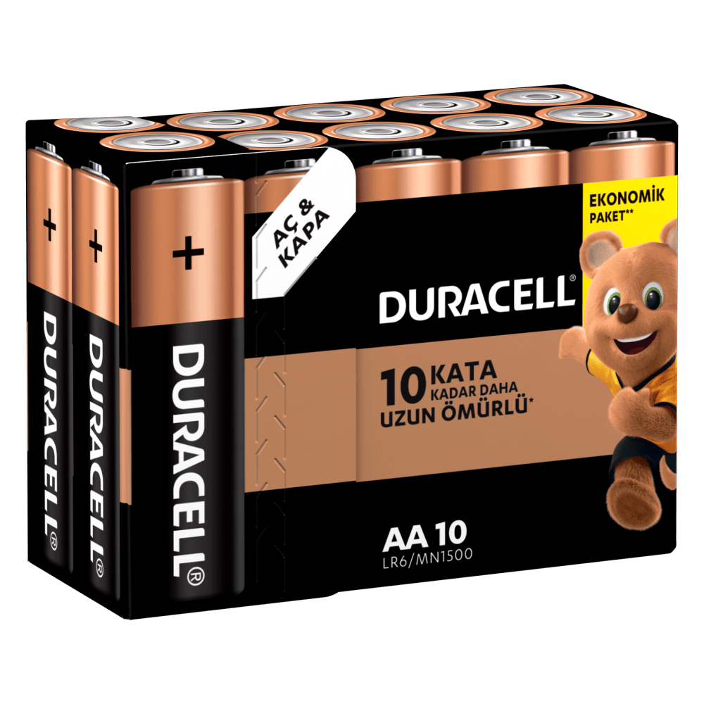 Duracell Alkalin AA boyutlu Piller, 10 parçalı bir pakette
