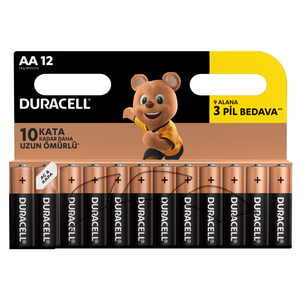 Duracell Alkalin AA boyutlu Piller, 12 parçalı bir pakette