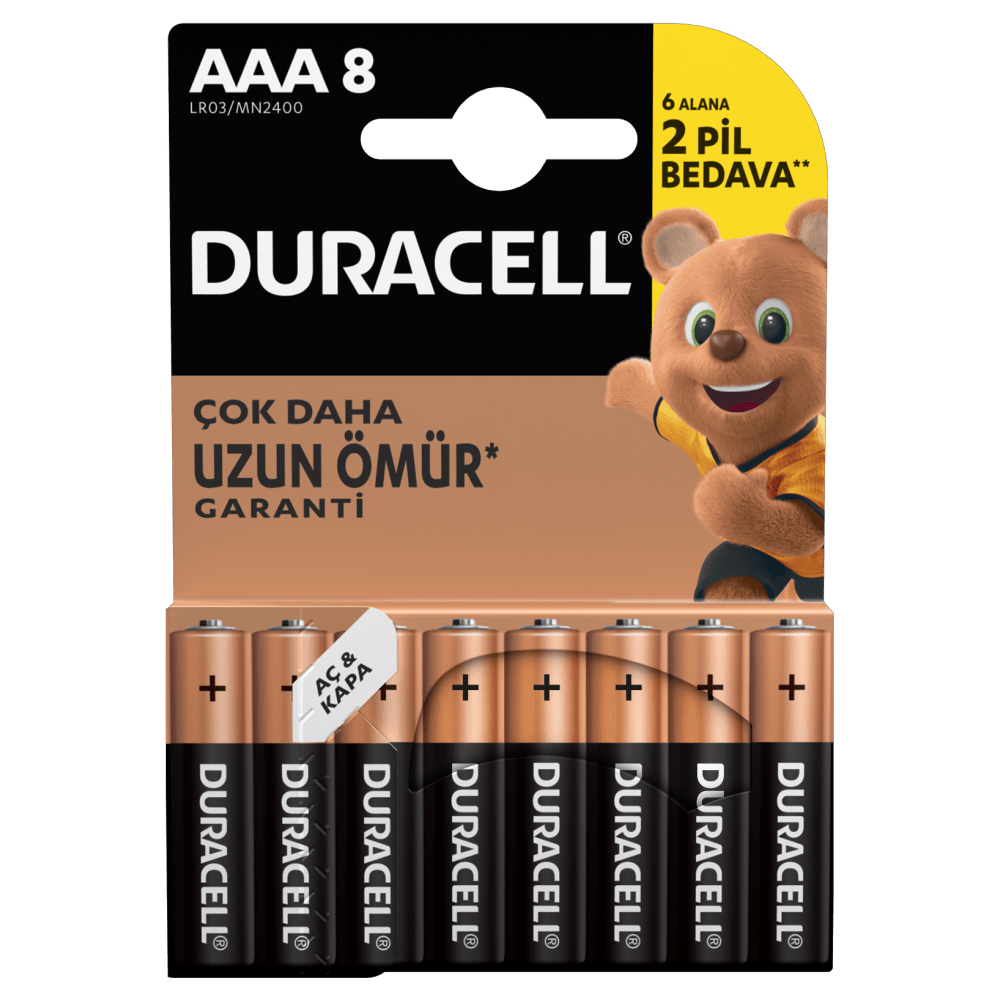 Duracell Alkalin AAA boyutlu Piller, 8 parçalı bir pakette
