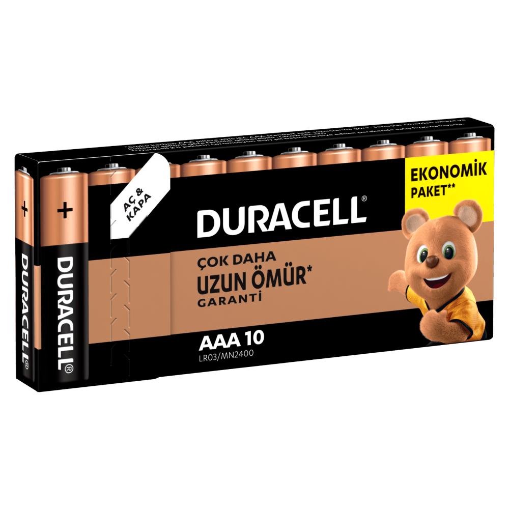 Duracell Alkalin AAA boyutlu Piller, 10 parçalı bir pakette