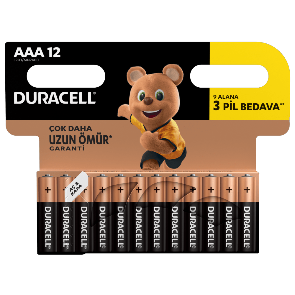 Duracell Alkalin AAA boyutlu Piller, 12 parçalı bir pakette